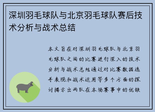 深圳羽毛球队与北京羽毛球队赛后技术分析与战术总结