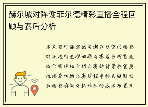 赫尔城对阵谢菲尔德精彩直播全程回顾与赛后分析